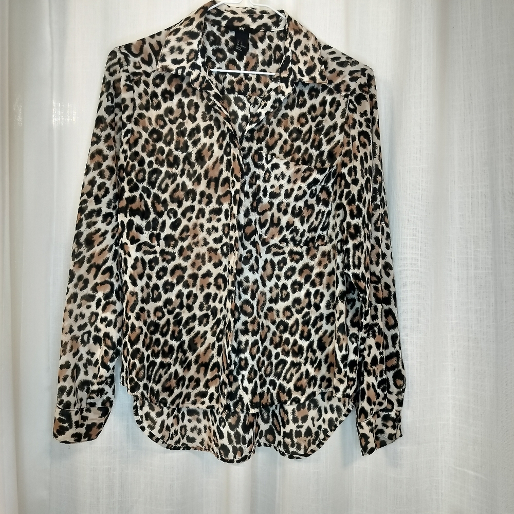 H&M Leopard Print Button-Down Shirt in Black, Brown, Cream